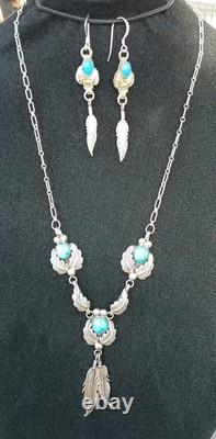 VINTAGE TURQUOISE NAVAJO STERLING SILVER FEATHER NECKLACE & EARRINGS 24.3 Grams