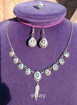 VINTAGE TURQUOISE NAVAJO STERLING SILVER FEATHER NECKLACE & EARRINGS 24.3 Grams