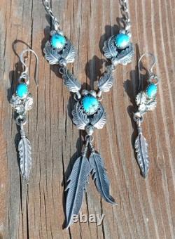 VINTAGE TURQUOISE NAVAJO STERLING SILVER FEATHER NECKLACE & EARRINGS 24.3 Grams