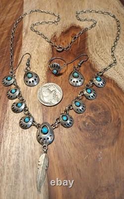 VINTAGE TURQUOISE NAVAJO STERLING SILVER FEATHER NECKLACE & EARRINGS 24.3 Grams