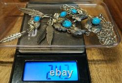 VINTAGE TURQUOISE NAVAJO STERLING SILVER FEATHER NECKLACE & EARRINGS 24.3 Grams