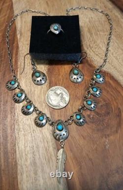 VINTAGE TURQUOISE NAVAJO STERLING SILVER FEATHER NECKLACE & EARRINGS 24.3 Grams