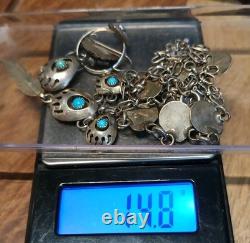 VINTAGE TURQUOISE NAVAJO STERLING SILVER FEATHER NECKLACE & EARRINGS 24.3 Grams