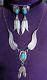 VINTAGE TURQUOISE NAVAJO STERLING SILVER FEATHER NECKLACE & EARRINGS Signed K