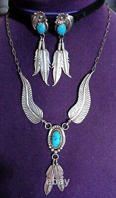 VINTAGE TURQUOISE NAVAJO STERLING SILVER FEATHER NECKLACE & EARRINGS Signed K