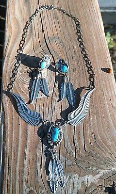 VINTAGE TURQUOISE NAVAJO STERLING SILVER FEATHER NECKLACE & EARRINGS Signed K
