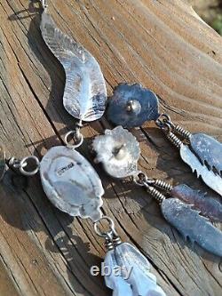 VINTAGE TURQUOISE NAVAJO STERLING SILVER FEATHER NECKLACE & EARRINGS Signed K