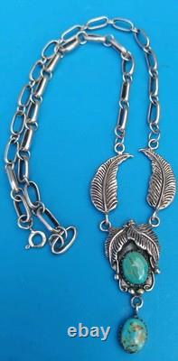 VINTAGE TURQUOISE SOUTHWESTERN STERLING SILVER FEATHER NECKLACE 26.9Gr Signed