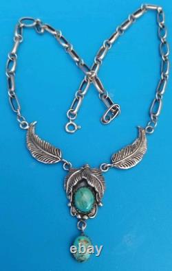 VINTAGE TURQUOISE SOUTHWESTERN STERLING SILVER FEATHER NECKLACE 26.9Gr Signed
