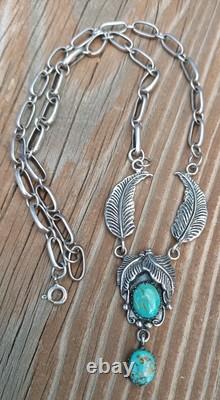 VINTAGE TURQUOISE SOUTHWESTERN STERLING SILVER FEATHER NECKLACE 26.9Gr Signed