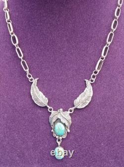 VINTAGE TURQUOISE SOUTHWESTERN STERLING SILVER FEATHER NECKLACE 26.9Gr Signed