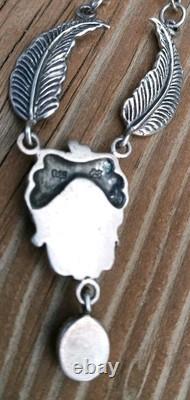 VINTAGE TURQUOISE SOUTHWESTERN STERLING SILVER FEATHER NECKLACE 26.9Gr Signed