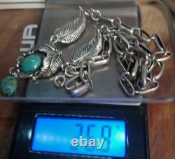 VINTAGE TURQUOISE SOUTHWESTERN STERLING SILVER FEATHER NECKLACE 26.9Gr Signed