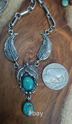 VINTAGE TURQUOISE SOUTHWESTERN STERLING SILVER FEATHER NECKLACE 26.9Gr Signed