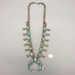 VINTAGE! Turquoise and Sterling Silver Squash Blossom Necklace Signed