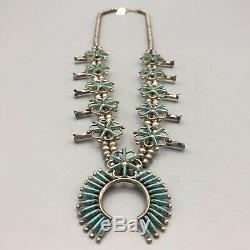 VINTAGE! ZUNI! Needlepoint Turquoise and Sterling Silver Squash Blossom Necklace