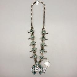 VINTAGE! ZUNI! Needlepoint Turquoise and Sterling Silver Squash Blossom Necklace