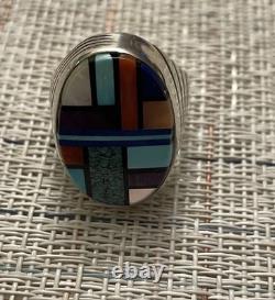 VINTAGE Zuni Multi-Stone Inlay Sterling Silver Ring Men's Size 11 Signed By S. B