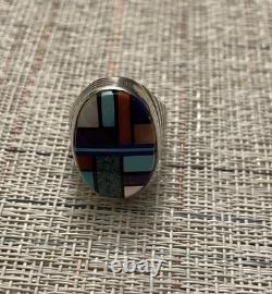 VINTAGE Zuni Multi-Stone Inlay Sterling Silver Ring Men's Size 11 Signed By S. B