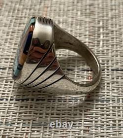 VINTAGE Zuni Multi-Stone Inlay Sterling Silver Ring Men's Size 11 Signed By S. B