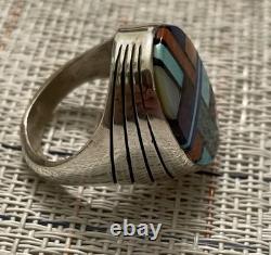 VINTAGE Zuni Multi-Stone Inlay Sterling Silver Ring Men's Size 11 Signed By S. B