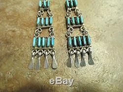 VINTAGE Zuni Sterling Silver NEEDLEPOINT Turquoise CHANDELIER Ladder Earrings
