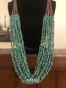 VTG 30 Native American Sterling Silver 10 Strand Turquoise Heishi Necklace 925