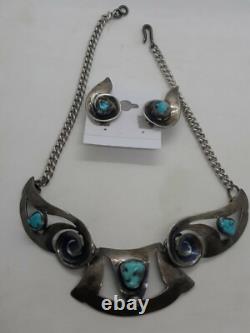 VTG 50's Native American Sterling Turquoise Necklace & Clip On Earrings Set MCM