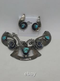 VTG 50's Native American Sterling Turquoise Necklace & Clip On Earrings Set MCM