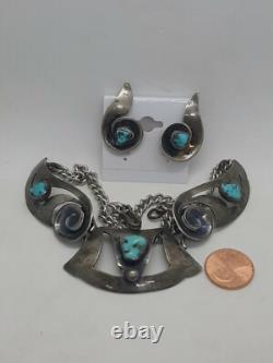 VTG 50's Native American Sterling Turquoise Necklace & Clip On Earrings Set MCM