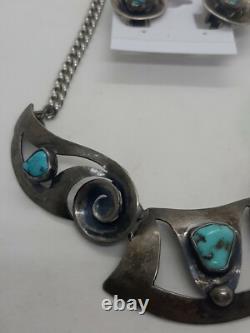 VTG 50's Native American Sterling Turquoise Necklace & Clip On Earrings Set MCM