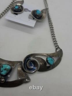 VTG 50's Native American Sterling Turquoise Necklace & Clip On Earrings Set MCM