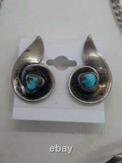 VTG 50's Native American Sterling Turquoise Necklace & Clip On Earrings Set MCM