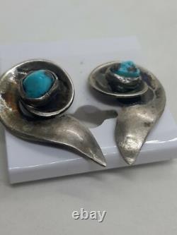 VTG 50's Native American Sterling Turquoise Necklace & Clip On Earrings Set MCM