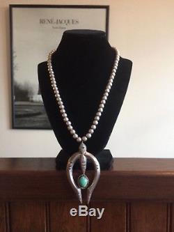 VTG 97 GRAMS Native Am Sterling Silver Turquoise Naja Necklace Navajo Pearls 925