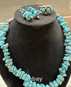 VTG Chunky Kingman Turquoise Necklace Earring & Ring Set Jewelry Native American