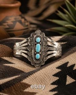 VTG Eula Wylie Navajo Sterling Silver Turquoise Cuff Bracelet Signed Heavy