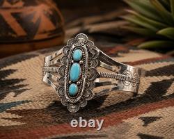 VTG Eula Wylie Navajo Sterling Silver Turquoise Cuff Bracelet Signed Heavy