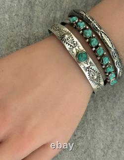 VTG FRED HARVEY ERA Navajo Turquoise Whirling Logs REPOUSSE Silver Bracelet Sz7