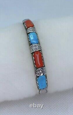 VTG F. CHEAMA Navajo Sterling Silver Turquoise Coral Cuff Bracelet 12.4g #g8