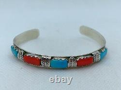 VTG F. CHEAMA Navajo Sterling Silver Turquoise Coral Cuff Bracelet 12.4g #g8