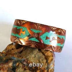 VTG Frank Bowman Chipped Turquoise & Coral Copper Cuff Bracelet 6.5 Stamped