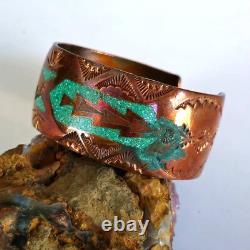 VTG Frank Bowman Chipped Turquoise & Coral Copper Cuff Bracelet 6.5 Stamped