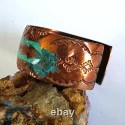 VTG Frank Bowman Chipped Turquoise & Coral Copper Cuff Bracelet 6.5 Stamped