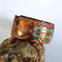 VTG Frank Bowman Chipped Turquoise & Coral Copper Cuff Bracelet 6.5 Stamped