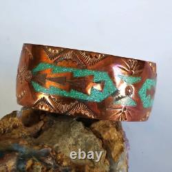 VTG Frank Bowman Chipped Turquoise & Coral Copper Cuff Bracelet 6.5 Stamped
