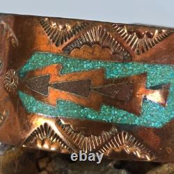 VTG Frank Bowman Chipped Turquoise & Coral Copper Cuff Bracelet 6.5 Stamped