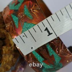 VTG Frank Bowman Chipped Turquoise & Coral Copper Cuff Bracelet 6.5 Stamped