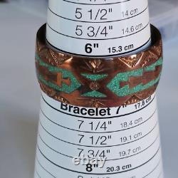 VTG Frank Bowman Chipped Turquoise & Coral Copper Cuff Bracelet 6.5 Stamped
