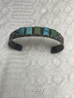VTG Fred Harvey Era Navajo Lizard Stamped Turquoise 93% Silver Cuff Bracelet